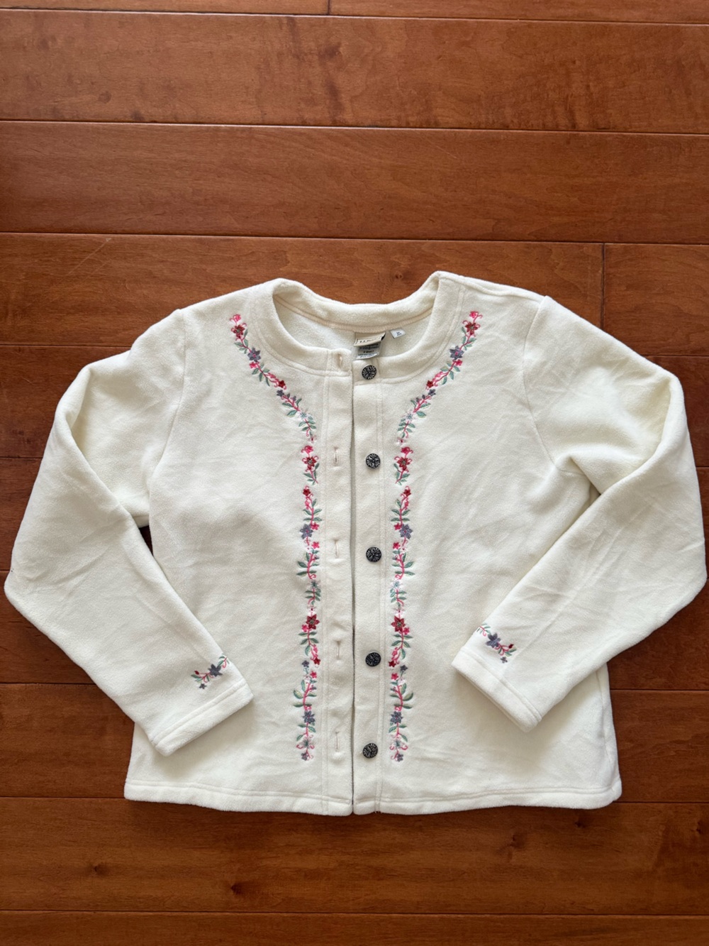 L.L. Bean Cream Fleece Vest with Floral Embroidery Medium Vintage